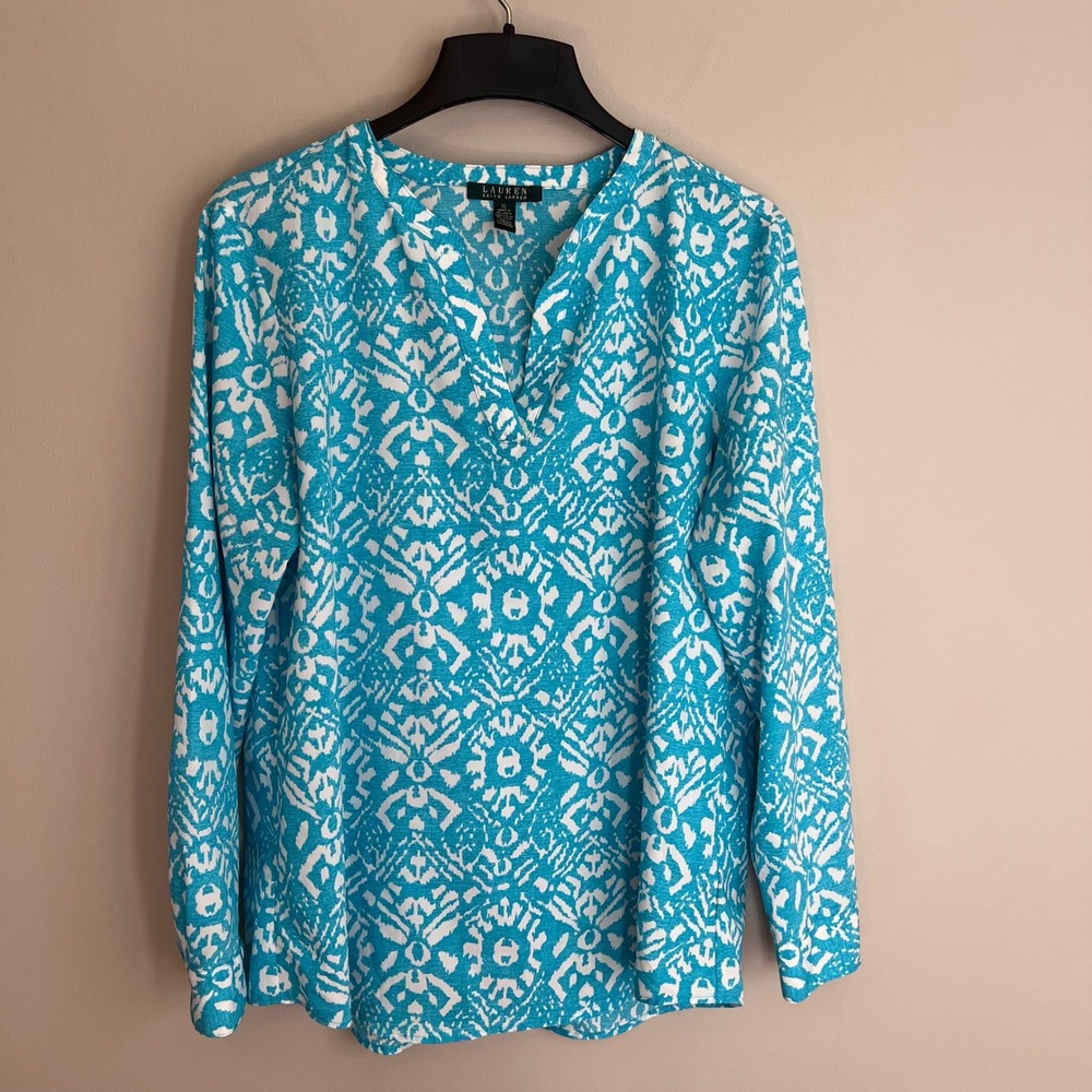 Lauren Ralph Lauren Turquoise White Ikat Split V-Neck Blouse XL Long Sleeve